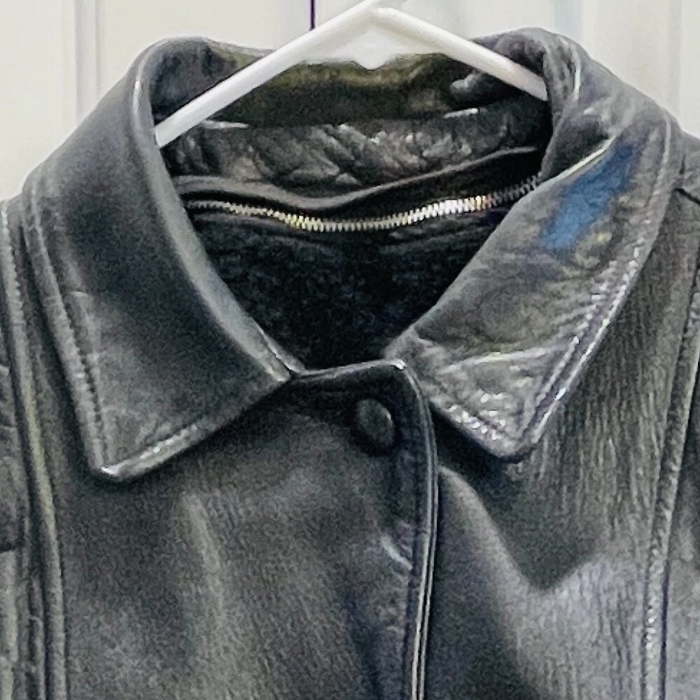 VGVUC Vntg 1950/60's Ladies Black Leather Jacket, Pockets, Zip-Out Lining, Sz L - Picture 2 of 16